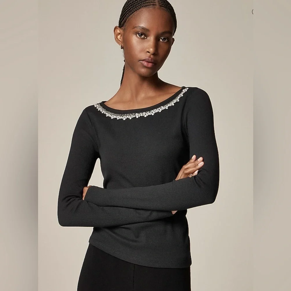NEW‎ J. Crew Women's Large Black Vintage Rib Boatneck Embellished T-Shirt Top